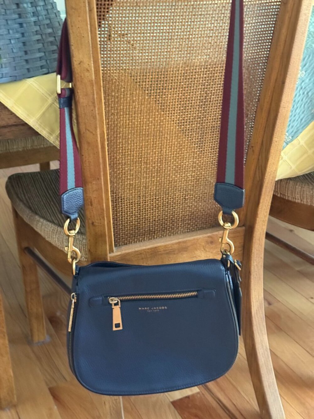 Marc Jacobs Navy Leather Crossbody with Burgundy & Light Blue Stripe Strap. - Picture 8 of 8